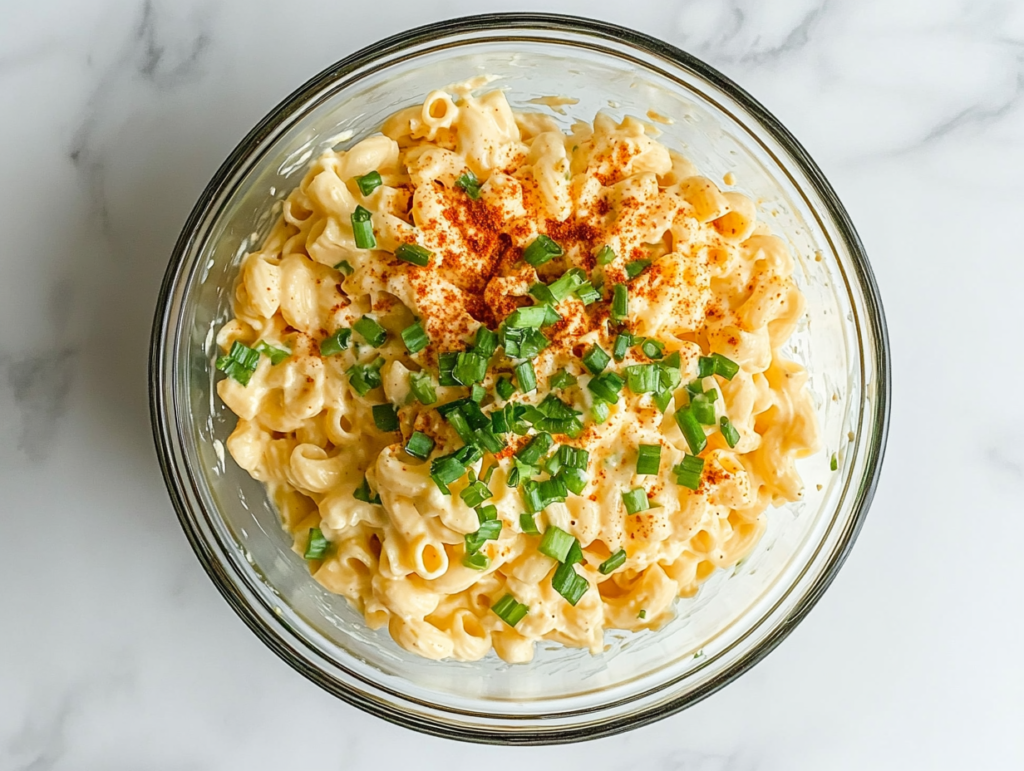 This image shows a beautifully styled deviled egg pasta salad in a white ceramic bowl, garnished with green onions and paprika, on a white marble countertop.