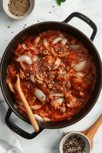 This image shows the pot covered and cooking over medium-low heat for 10 minutes for cooking Keto Crockpot Goulash