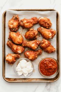 This image shows chicken pieces being arranged on a baking sheet lined with parchment paper.