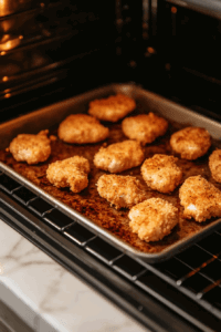 This image shows chicken nuggets baking inside the oven