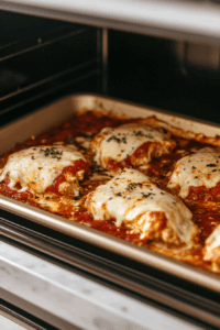 This image shows the chicken baking in the oven until bubbly and golden.