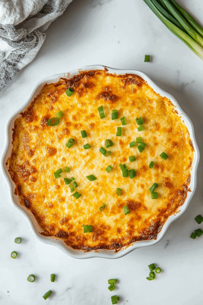 this image shows creamy and savory beer cheese dip topped with fresh spring onions, served in a white bowl.