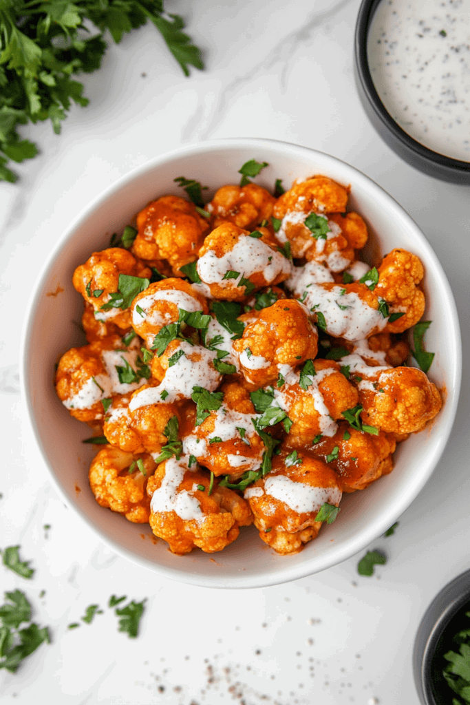 this image shows A tangy buffalo cauliflower dip, finished with a drizzle of cream and a sprinkle of chopped cilantro.