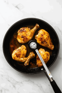 This image shows a meat thermometer checking the internal temperature of the chicken.