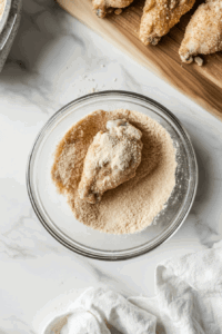 This image shows chicken pieces being coated with almond flour on a plate.