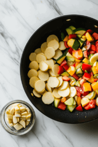 This image shows vegetables cooking for 5-7 minutes until tender.