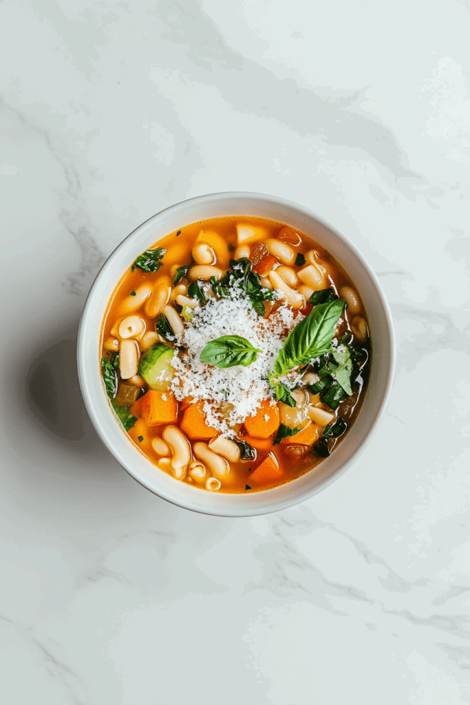 This image shows a vibrant bowl of crockpot minestrone soup, garnished with fresh basil, featuring a medley of vegetables, pasta, and beans in a savory tomato-based broth served in a white bowl.