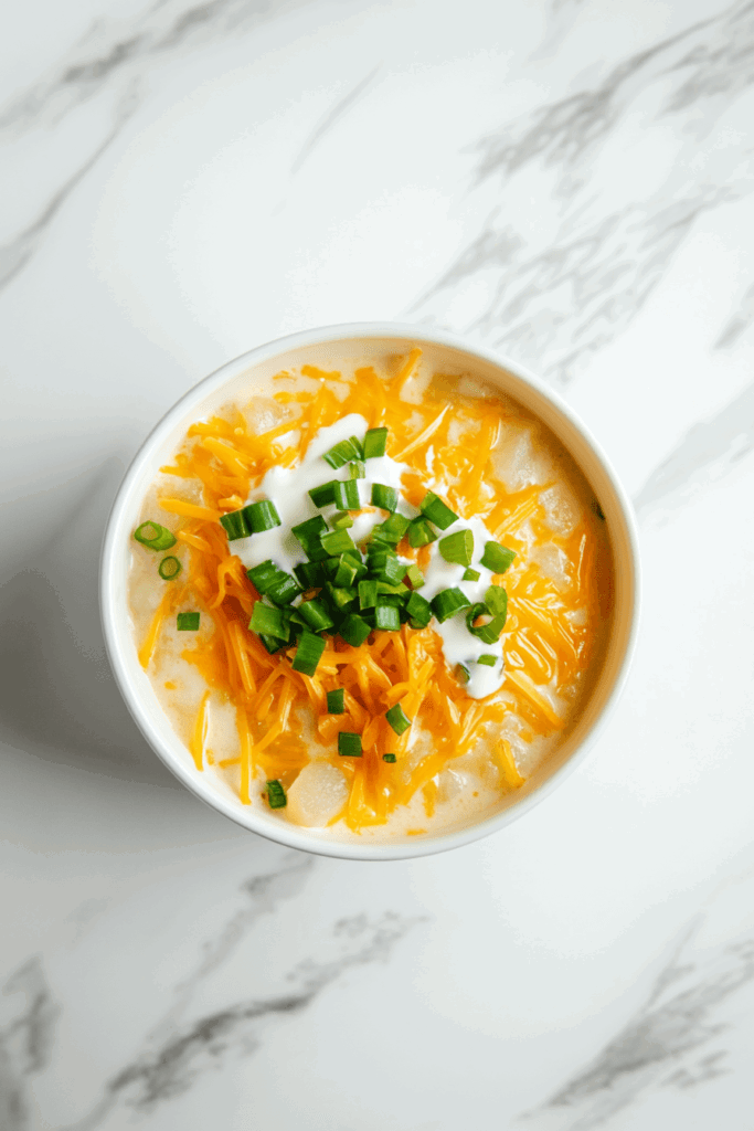 This image shows crockpot potato soup, a creamy and comforting dish made with tender potatoes, rich broth, and a smooth texture, garnished with shredded cheese and chopped green onions, served in a white bowl.
