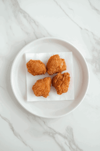 This image shows fried chicken pieces being placed on paper towels to drain excess oil.