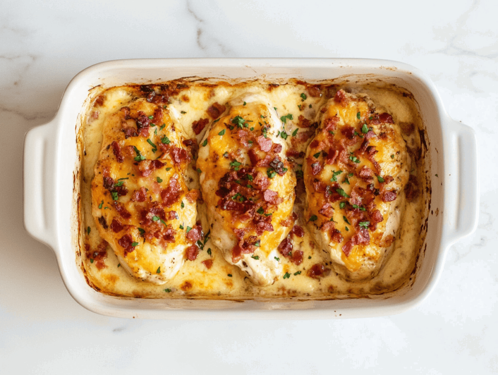 This image shows keto chicken breasts in a casserole garnished with fresh cilantro.