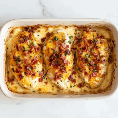 This image shows keto chicken breasts in a casserole garnished with fresh cilantro.