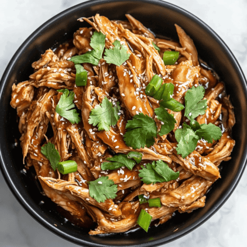 This image shows the dish garnished with green onions, cilantro, and toasted sesame seeds