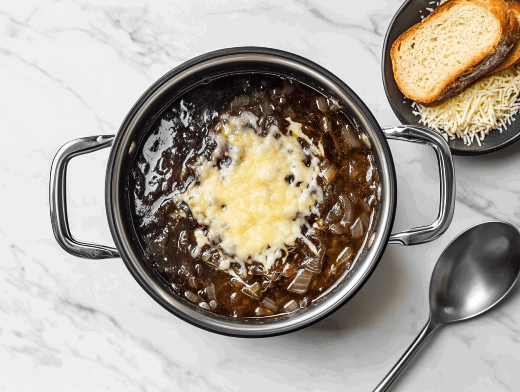 keto-french-onion-soup-with-melted-cheese-on-top-in-crockpot ready to be served