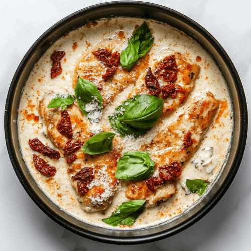 This image shows Keto Marry Me Chicken garnished with shredded cheese and basil