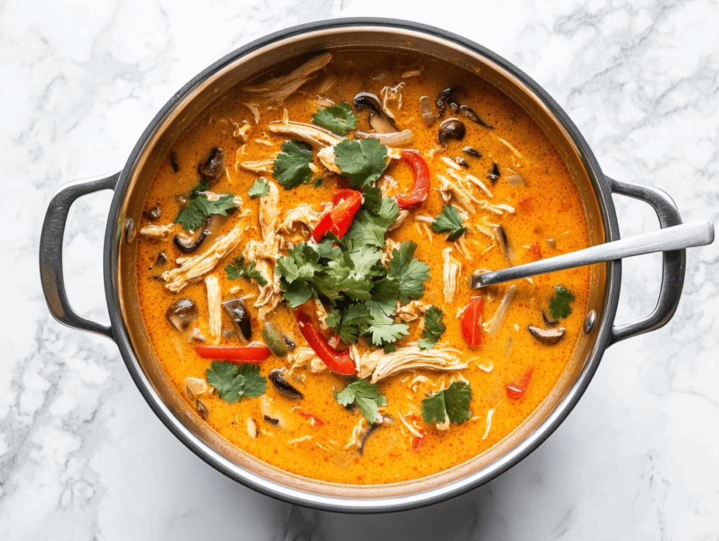 keto-thai-curry-chicken-soup-garnished-with-tomato-and-cilantro ready to served for dinner