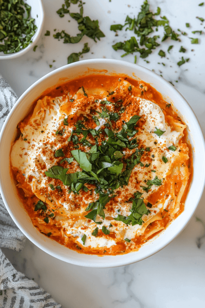 this image shows A hearty lasagna dip, beautifully topped with fresh parsley for a burst of color and flavor.