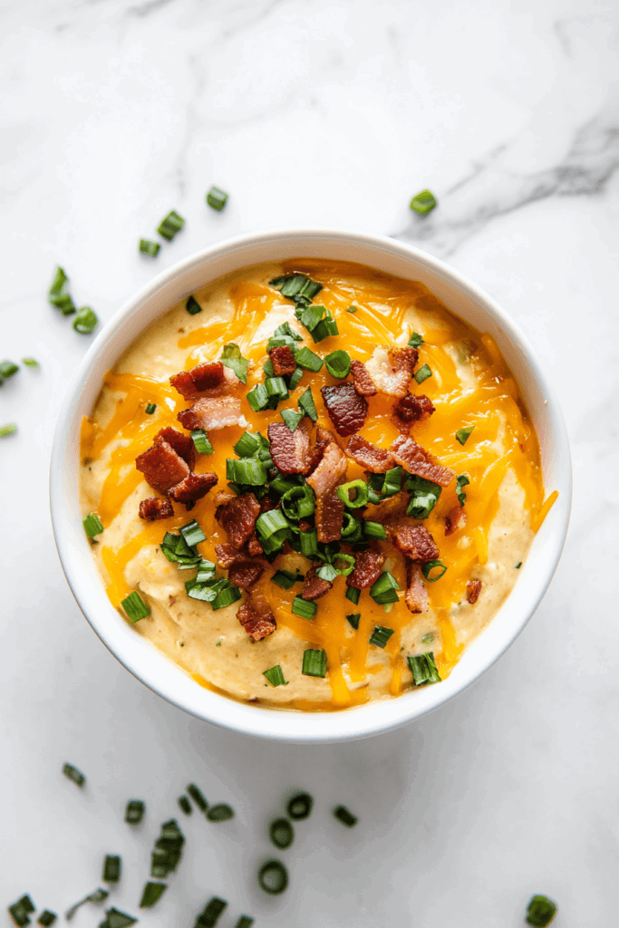 this image shows A rich, creamy loaded baked potato dip, garnished with spring onions and savory meat bits for extra flavor.
