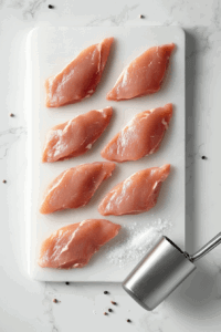 This image shows chicken being prepared by trimming and slicing it into even pieces.