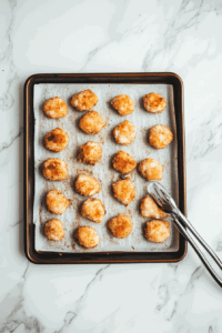 This image shows a tray of baked chicken nuggets cooling after being removed from the oven.