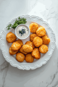 This image shows the finished chicken nuggets served with a keto-friendly dipping sauce.