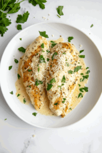 This image shows the finished keto chicken Alfredo served on a plate, garnished and ready to eat.