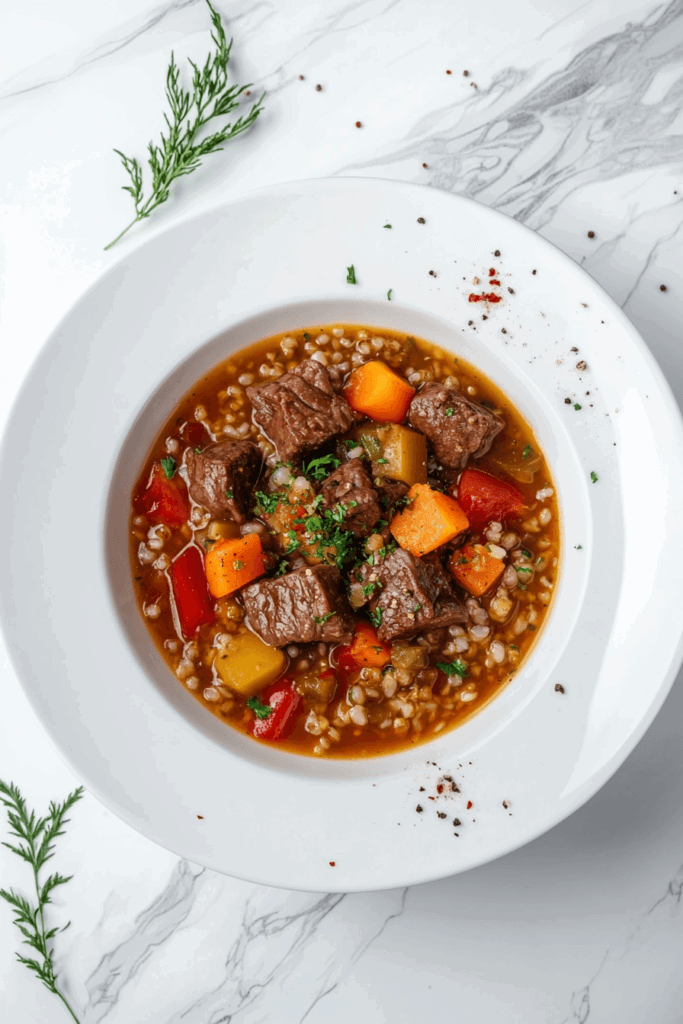 This image shows slow cooker barley soup, a hearty and nutritious dish made with tender barley, vegetables, and flavorful broth, served in a white bowl with a sprinkle of fresh herbs.