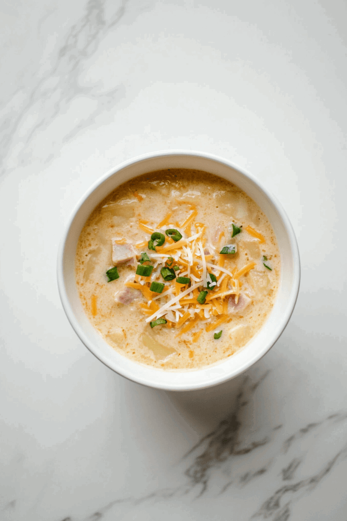 This image shows a creamy slow cooker cheesy potato soup with ham, topped with shredded cheese and fresh spring onions, served in a white bowl with a hearty and indulgent texture.
