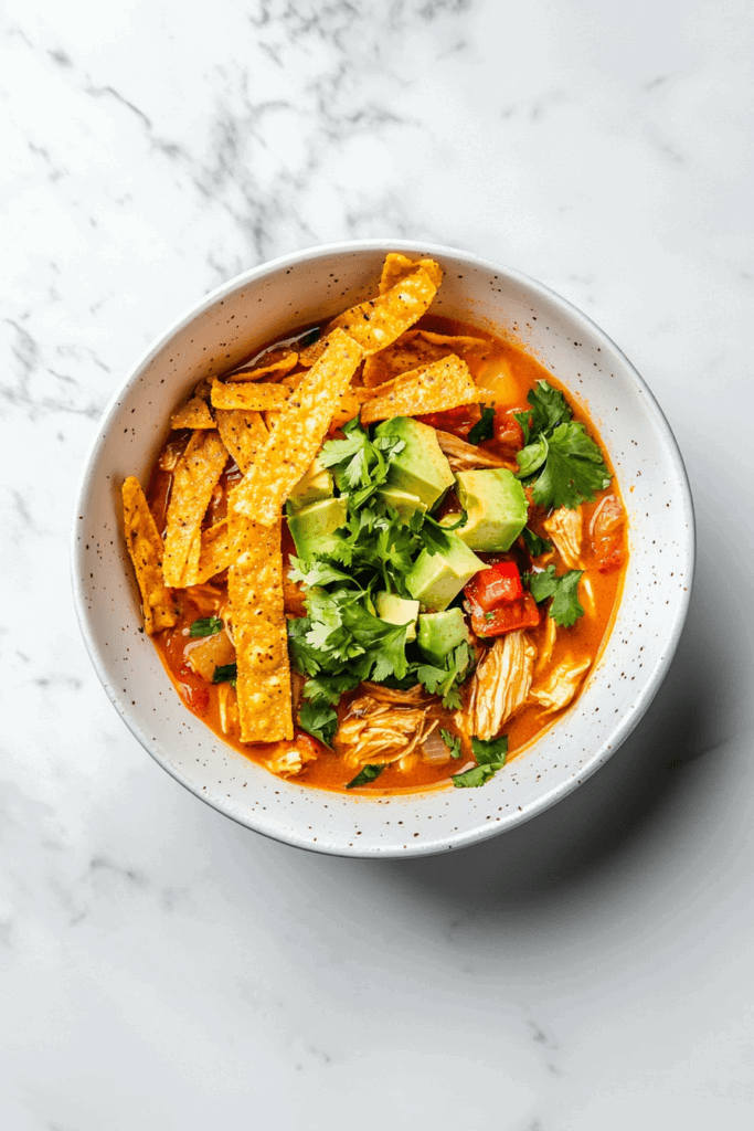 This image shows slow cooker chicken tortilla soup, a vibrant soup of chicken tortilla garnished with avocado