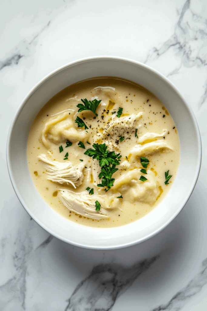This image shows a comforting bowl of creamy chicken and dumpling soup, garnished with fresh cilantro, featuring tender dumplings and chicken in a rich, velvety broth served in a white bowl.