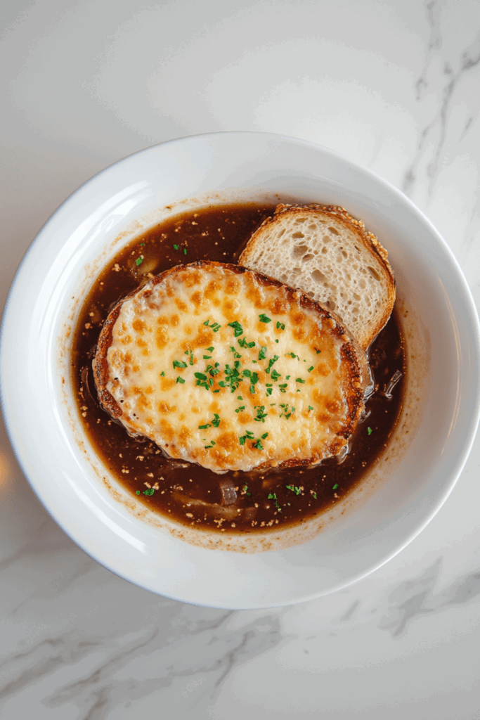 This image shows slow cooker French onion soup, a savory dish made with caramelized onions, rich broth, and topped with melted cheese and crispy bread, served in a white bowl.