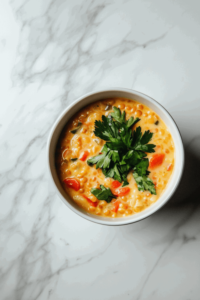 This image shows a hearty bowl of slow cooker lentil soup garnished with fresh cilantro, showcasing a rich, flavorful broth with tender lentils in a white bowl.