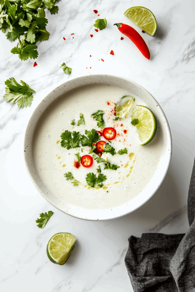 This image shows slow cooker Thai coconut soup, a fragrant and creamy dish made with coconut milk, aromatic herbs, and tender chicken or tofu, garnished with cilantro and lime, served in a white bowl.