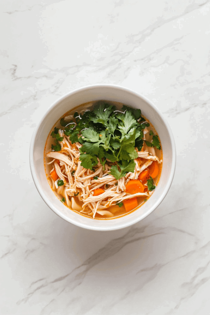 Slow-cooker chicken noodle soup served in a white bowl with shredded chicken and cilantro