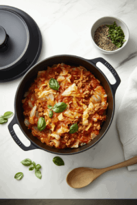 This image shows tender cabbage melded with the flavors, stirred occasionally to serve Keto Crockpot Goulash