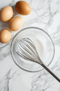 This image shows eggs being whisked in a bowl until smooth.