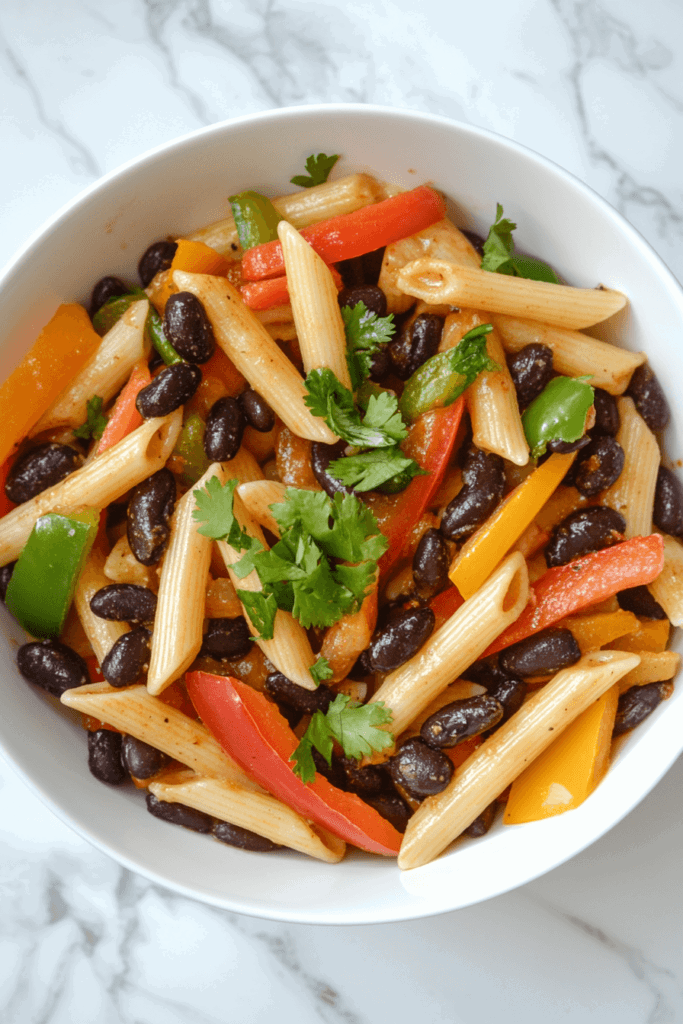 This image shows black bean fajita pasta served in a white bowl, garnished with fresh cilantro for a flavorful and vibrant presentation.