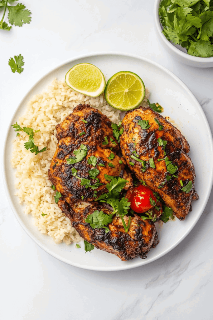 A delicious plate of Cilantro-Lime Chicken paired with fluffy rice, garnished with fresh cilantro, and served with a half-cut lemon for a zesty touch.