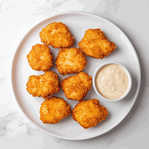 This image shows a plate of crispy keto chicken nuggets on a white plate.