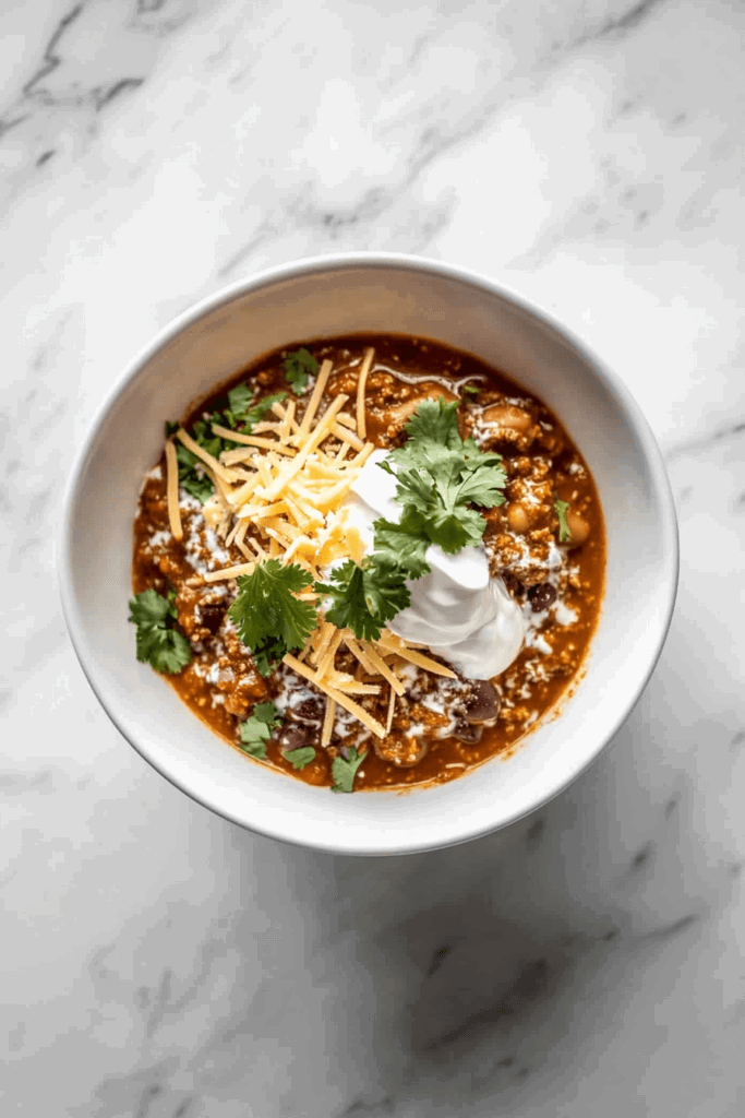 A hearty bowl of Crockpot Mexican Chili topped with shredded cheese, a dollop of cream, and fresh cilantro leaves, creating a comforting and flavorful meal.