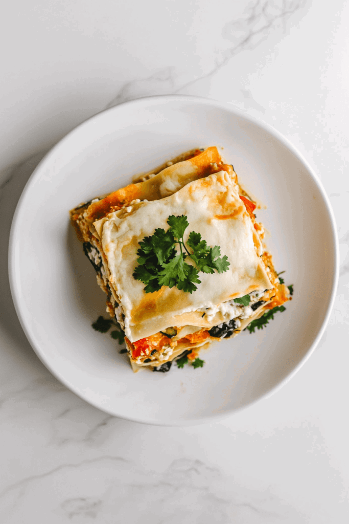 A layered Crockpot Mexican Lasagna served on a white round plate, topped with a melted cheese slice and a fresh cilantro leaf for a vibrant finish.