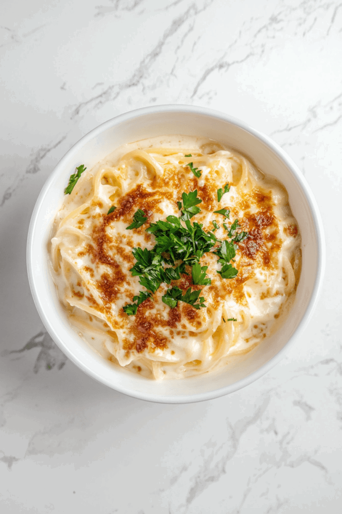 This image shows a bowl of crockpot million dollar pasta, garnished with fresh cilantro for a vibrant and inviting presentation.