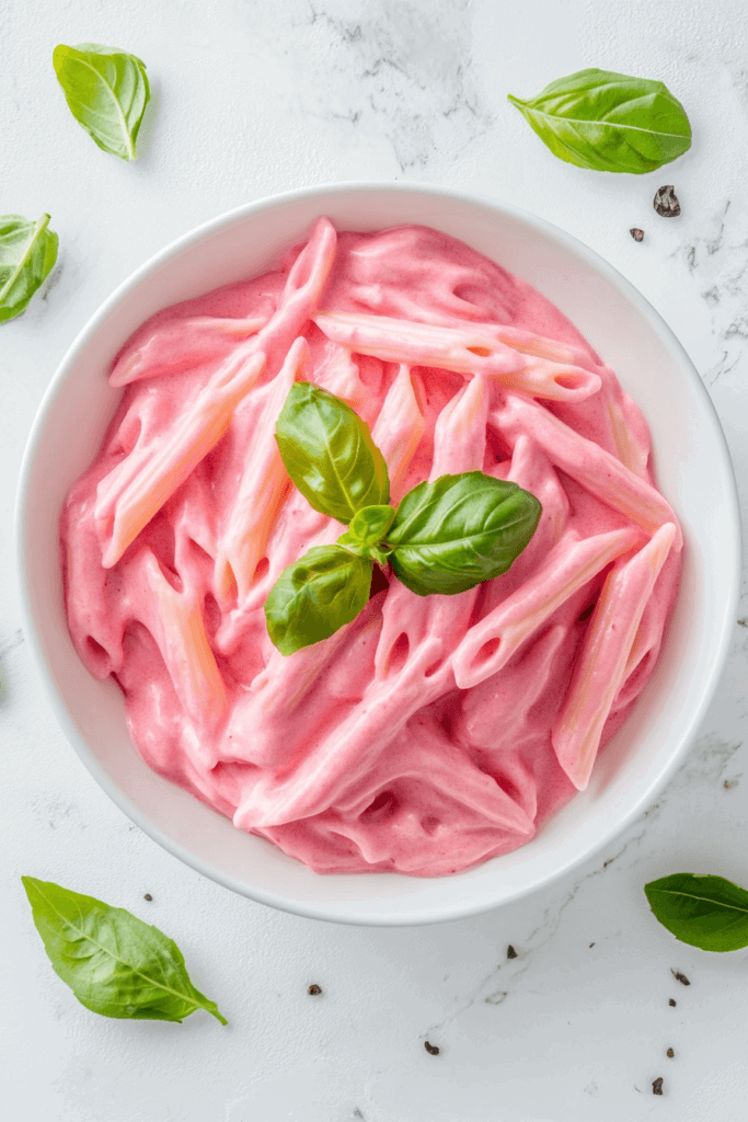 This image shows a creamy crockpot pink sauce pasta served on a white plate, garnished with a fresh basil leaf.