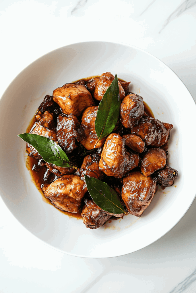 This image shows flavorful Filipino adobo chicken served on a white plate, beautifully garnished with aromatic bay leaves.