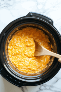 hash-brown-potatoes-and-cheddar-cheese-being-stirred-in-crockpot for proper mixing of the ingredients