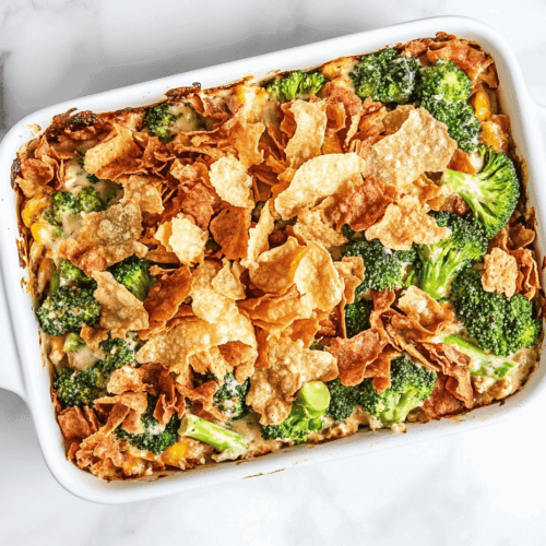 This image shows the baked dish served hot with steamed broccoli arranged on top as a garnish.