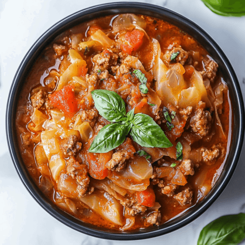 this image shows keto-crockpot-goulash-garnished-with-basil-leaf in a black bowl