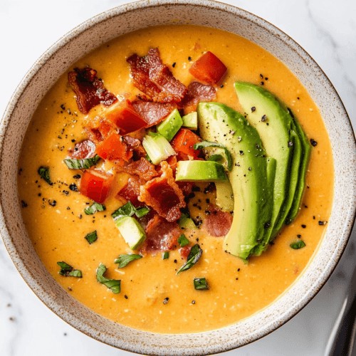 keto-queso-soup-recipe-with-chopped-avocado-and-tomatoes-on-the-top ready to be served for dinner or lunch
