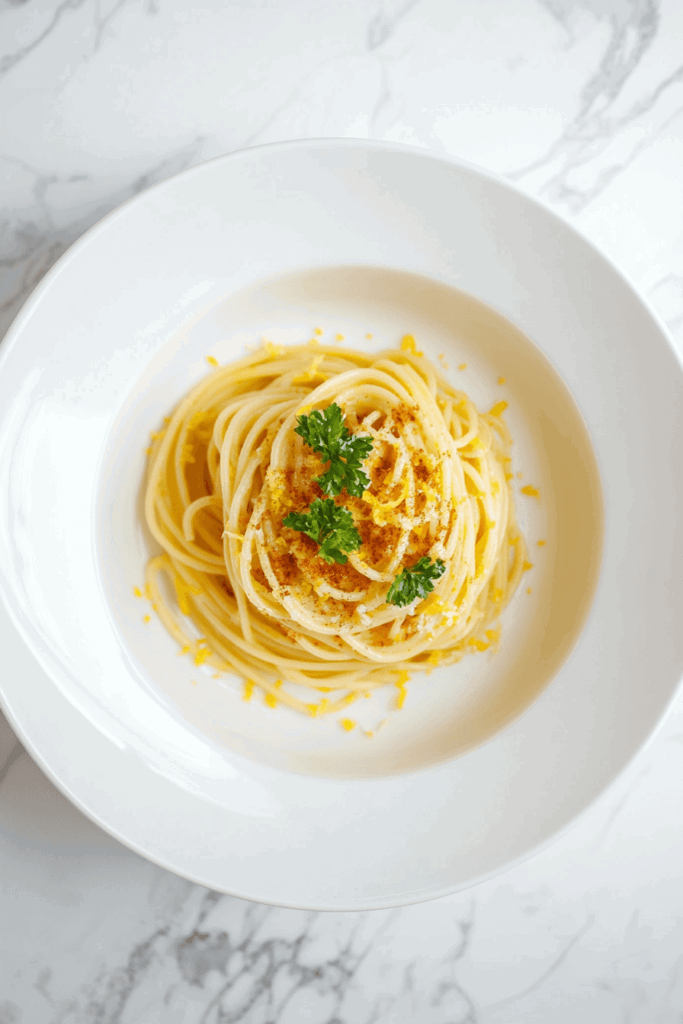 This image shows zesty lemon pasta served on a white round plate, topped with shredded cheese and fresh cilantro.