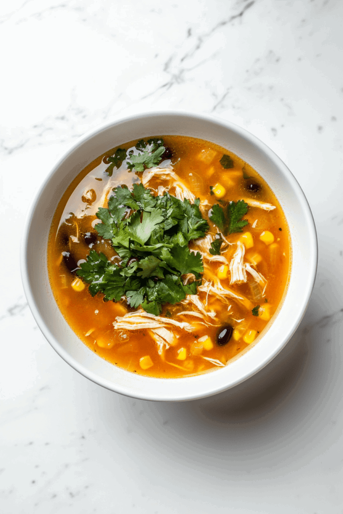 A vibrant Mexican chicken soup served in a white marble-patterned bowl, garnished with fresh cilantro and filled with bold flavors.