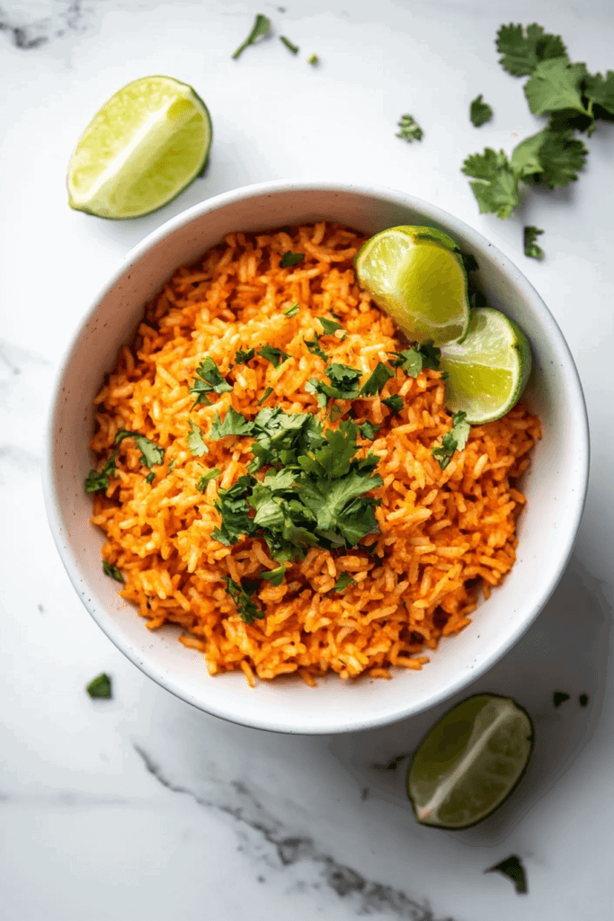 Fluffy and flavorful Mexican rice served in a white round bowl, garnished with fresh cilantro and accompanied by a half-cut lemon for added zest.